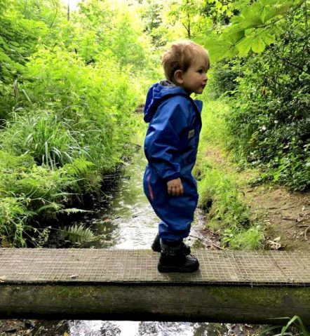 Little boy playing on a small bridge over a stream
